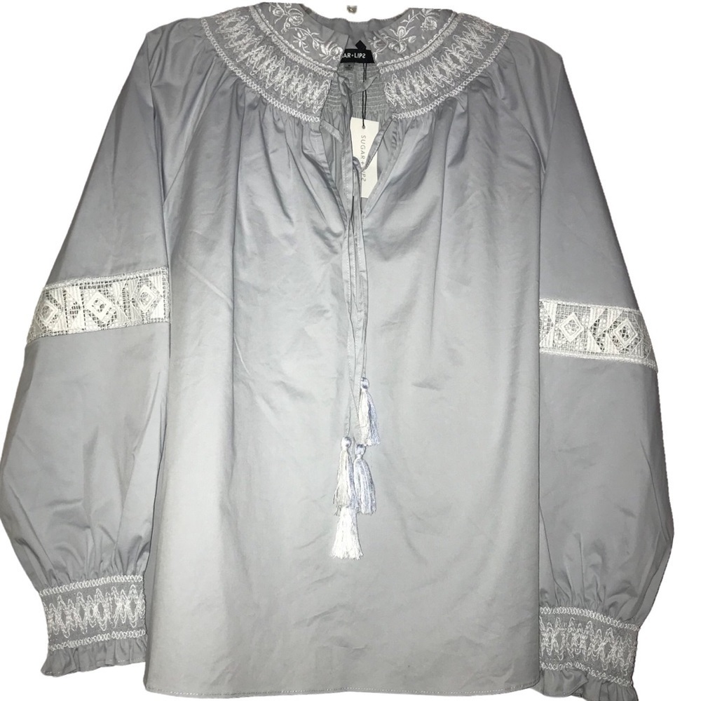 Nwt Tasha Apparel Sugar Lips Peasant Boho Balloon Sleeve Lace Detail Top
